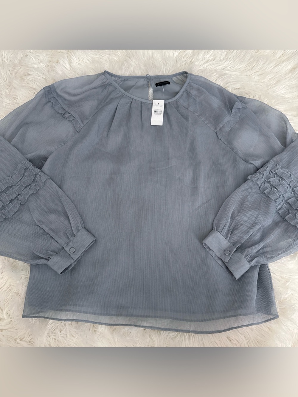 Ann Taylor Dusty Blue Sheer Ruffle Sleeve Blouse